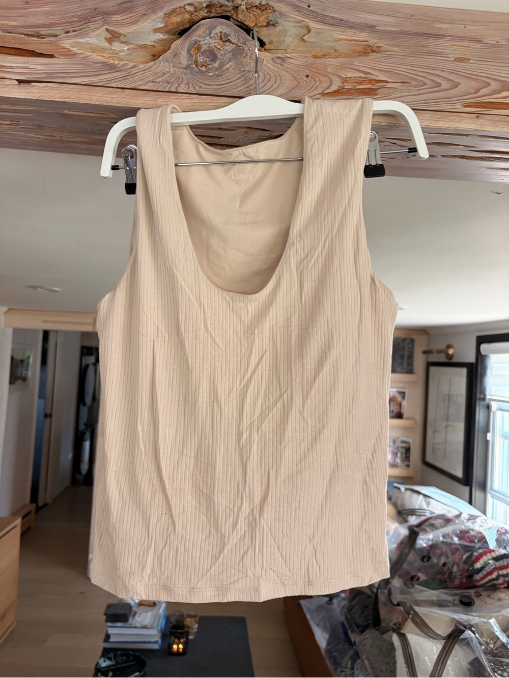 KLASSY built-in bra Sleeveless Scoop Neck Ribbed Tank Top - Beige size large